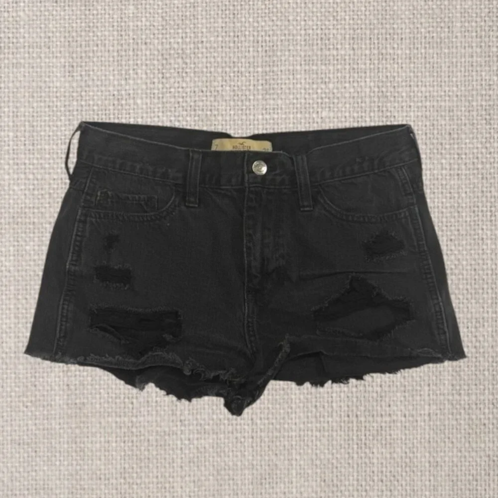 Hollister Black Denim High Rise Short-Short Cutoff Thrashed Shorts 2